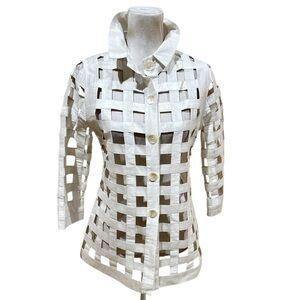 Nwot PATTY KIM White Open Weave cut out shacket Blazer 3/4 sleeves designer xs